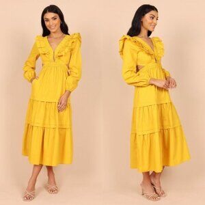 NEW Petal & Pup Mariga Long Sleeve Frill Shoulder Midi Dress in Marigold Size M